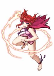 Rule 34 | 1girl, barefoot, bodoi, cape, copyright name, facial mark, fang, fire, flare (knights chronicle), full body, knights chronicle, official art, open mouth, purple eyes, red hair, solo, white background