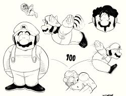 Rule 34 | 1girl, 2boys, alien, animal ears, bloodshot eyes, bouncing, bulging eyes, commentary, dirty, dr. slump, dragon ball, english commentary, facial hair, flying, frieza, hat, highres, injury, jumping, mario, mario (series), monochrome, multiple boys, multiple views, mustache, nintendo, norimaki arale, open mouth, outstretched arms, overalls, pain, raccoon ears, raccoon mario, raccoon tail, score, shirt, shoes, sideburns, signature, simple background, super mario bros. 3, sweat, tail, toriyama akira (style), veins, xtremexavier