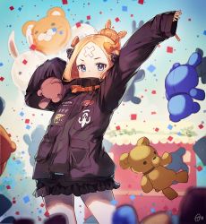 Rule 34 | 1girl, abigail williams (fate), abigail williams (traveling outfit) (fate), arms up, balloon, black bow, black jacket, blonde hair, blue eyes, blue sky, blurry, blurry background, blush, bow, commentary, confetti, covered mouth, day, depth of field, english commentary, fate/grand order, fate (series), hair bow, hair bun, jacket, long sleeves, looking at viewer, nagu, hugging object, official alternate costume, orange bow, outdoors, parted bangs, polka dot, polka dot bow, signature, single hair bun, sky, sleeves past wrists, solo, stuffed animal, stuffed toy, teddy bear