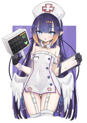Rule 34 | 1girl, absurdres, alternate costume, armband, asaba (asaba 6771), bare shoulders, blue eyes, blunt bangs, breasts, cardiogram, clipboard, covered navel, cowboy shot, detached collar, dress, garter straps, gloves, hands up, hat, highres, hololive, hololive english, long hair, looking at viewer, low wings, ninomae ina&#039;nis, nurse, nurse cap, open mouth, orange hair, outside border, pointy ears, purple hair, small breasts, solo, strapless, strapless dress, thigh gap, thighhighs, tube dress, very long hair, virtual youtuber, white thighhighs, white wings, wide hips, wings