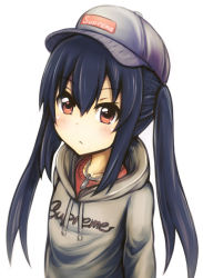 Rule 34 | 1girl, baseball cap, black hair, blush, brown eyes, chain, clothes writing, collarbone, hat, hood, hoodie, k-on!, long hair, md5 mismatch, nakano azusa, resolution mismatch, simple background, solo, source smaller, tanashi (mk2), twintails, white background