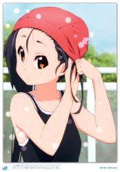 Rule 34 | 1girl, 2011, absurdres, adjusting hair, alternate hairstyle, black hair, brown eyes, dated, day, errant, highres, k-on!, long hair, nakano azusa, solo, swim cap, swimsuit, twintails, upper body
