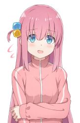 Rule 34 | 1girl, absurdres, blue eyes, blush, bocchi the rock!, cube hair ornament, flying sweatdrops, gotoh hitori, hair ornament, highres, jacket, long hair, long sleeves, looking at viewer, mimori (mimori 05), one side up, open mouth, pink hair, smile, solo, track jacket