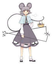 Rule 34 | 1girl, animal ears, basket, bloomers, blush, capelet, dowsing rod, dress, full body, grey dress, grey hair, jewelry, kumadano, long sleeves, looking at viewer, mary janes, mouse (animal), mouse ears, mouse tail, nazrin, necklace, red eyes, shoes, short hair, simple background, socks, solo, tail, touhou, underwear, white background, white socks