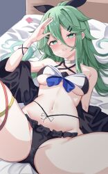 Rule 34 | 1girl, adapted costume, bed, bikini, black bikini, black jacket, black ribbon, calin, commentary request, condom, condom wrapper, frilled bikini, frills, green eyes, green hair, hair between eyes, hair ornament, hair ribbon, hairclip, highres, jacket, kantai collection, long hair, navel, official alternate costume, parted bangs, ponytail, ribbon, salute, sidelocks, solo, spread legs, stomach, swimsuit, yamakaze (kancolle)