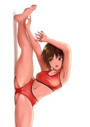 Rule 34 | 1girl, arm up, armpits, barefoot, breasts, brown hair, cameltoe, cleft of venus, collarbone, highres, midriff, navel, original, paid reward available, red eyes, short hair, short shorts, shorts, small breasts, split, spread legs, stretching, tan, tanline, thighs, toes, tomboy, track uniform, uriens, yoga