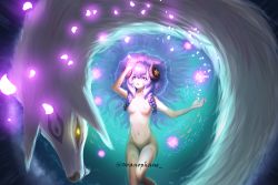 Rule 34 | 1girl, artist name, bare arms, black sclera, braid, breasts, collarbone, colored sclera, commentary, flower, green background, groin, highres, kindred (league of legends), lamb (league of legends), league of legends, long hair, lying, navel, nipples, on back, open mouth, petals, pink eyes, pink flower, pink hair, small breasts, spirit blossom kindred, twin braids, uranophane, water, yellow eyes