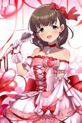 Rule 34 | 1girl, arm guards, bare shoulders, blue eyes, blush, breasts, brown hair, choker, collarbone, dot nose, dress, earrings, frilled dress, frills, gloves, hair ribbon, hairband, heart, heart background, highres, holding, holding wand, idolmaster, idolmaster cinderella girls, idolmaster cinderella girls starlight stage, jewelry, looking at viewer, medium breasts, nanananananasea, open mouth, pendant choker, pink dress, red choker, red ribbon, ribbon, sakuma mayu, short hair, skirt hold, smile, solo, wand, white gloves