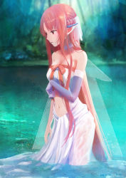 Rule 34 | 10s, 1girl, absurdres, asuna (sao), bare shoulders, blush, braid, breasts, brown eyes, brown hair, choker, cleavage, clothing cutout, derivative work, dress, ear covers, elbow gloves, gloves, highres, lake, long hair, navel, navel cutout, parted lips, pointy ears, signature, single glove, solo, sword art online, titania (sao), very long hair, wading, water, wet, wet clothes, xi chen chen