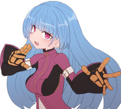 Rule 34 | 1girl, :d, armlet, black bodysuit, blue hair, blunt bangs, bodysuit, breasts, clothing cutout, collar, facing viewer, fighting stance, gloves, high collar, hime cut, impossible bodysuit, impossible clothes, jitome, kula diamond, long hair, long sleeves, medium breasts, navel cutout, open mouth, orange gloves, red bodysuit, red eyes, sidelocks, simple background, smile, snk, solo, sumiyao (amam), the king of fighters, two-tone bodysuit, upper body, very long hair, white background, wide sleeves