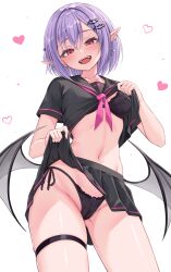 Rule 34 | 1girl, barbell piercing, bat hair ornament, black bra, black panties, black shirt, black skirt, blush, bra, breasts, cameltoe, cleft of venus, clothes lift, demon wings, ear piercing, fangs, hair ornament, heart, heartsix, highres, industrial piercing, lifting own clothes, looking at viewer, low wings, medium breasts, navel, neckerchief, open mouth, original, panties, piercing, pink neckerchief, pleated skirt, pointy ears, purple hair, red eyes, riko (heartsix), shirt, shirt lift, short hair, simple background, skirt, skirt lift, smile, solo, spoken heart, thigh strap, underwear, uniform, white background, wings