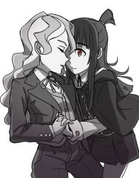 Rule 34 | 2girls, couple, diana cavendish, closed eyes, frown, happy, highres, kagari atsuko, little witch academia, long hair, looking at another, macartura08, monochrome, multiple girls, pantyhose, red eyes, school uniform, simple background, skirt, smile, uniform, wavy hair, white background, yuri