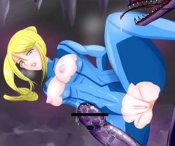Rule 34 | anus, artist request, blonde hair, blue eyes, bodysuit, breasts, censored, covered navel, crotch cutout, lips, metroid, nintendo, nipples, penis, pussy, samus aran, skin tight, spread legs, torn clothes, zero suit