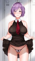 Rule 34 | 1girl, artist request, bare legs, bare shoulders, between breasts, black dress, blush, breasts, clothes lift, cowboy shot, crotchless, crotchless panties, dress, dress lift, fate (series), gluteal fold, hanada yanochi, large breasts, locker, locker room, looking at viewer, mash kyrielight, necktie, necktie between breasts, panties, purple eyes, purple hair, short dress, short hair, side-tie panties, solo, string panties, underwear