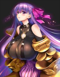 Rule 34 | 1girl, bare shoulders, belt, blush, breasts, cleavage, collar, fate/extra, fate/extra ccc, fate/grand order, fate (series), hair ribbon, highres, huge breasts, large breasts, lips, long hair, o-ring, o-ring top, open mouth, passionlip (fate), piromizu, purple eyes, purple hair, purple ribbon, ribbon, solo, tears, teeth