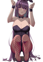 Rule 34 | 1girl, blush, breasts, cleavage, collarbone, fate/grand order, fate (series), highres, large breasts, leotard, pantyhose, playboy bunny, purple eyes, ref (pmxt4483), scathach (fate), simple background, squatting, thighs, white background
