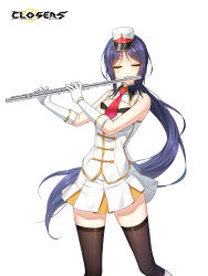 Rule 34 | 1girl, band uniform, bare shoulders, black thighhighs, blue hair, boots, breasts, buttons, cleavage cutout, closed eyes, closed mouth, closers, clothing cutout, collared jacket, copyright name, cowboy shot, double-breasted, eunha (closers), facing viewer, flute, fold-over gloves, gloves, hat, highres, holding, holding flute, holding instrument, instrument, jacket, knee boots, legs apart, light smile, logo, long hair, marching band, medium breasts, mini shako cap, miniskirt, music, necktie, official art, parted bangs, playing flute, playing instrument, pleated skirt, ponytail, red necktie, shako cap, sidelocks, skirt, sleeveless, sleeveless jacket, solo, standing, thighhighs, transverse flute, uniform, very long hair, white background, white footwear, white gloves, white headwear, white jacket, white skirt, wing collar, zettai ryouiki