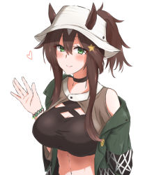 Rule 34 | 1girl, absurdres, animal ears, arknights, black choker, breasts, brown hair, choker, crop top, dated, ears through headwear, green eyes, green jacket, hair ornament, heart, highres, jacket, long hair, long sleeves, looking at viewer, maiq06, medium breasts, meteor (arknights), meteor (bard&#039;s holiday) (arknights), midriff, navel, official alternate costume, open clothes, open jacket, simple background, smile, solo, star (symbol), star hair ornament, stomach, upper body, waving, white background, white headwear, wristband