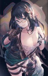 Rule 34 | 1girl, bare shoulders, black hair, blouse, blue eyes, breasts, cleavage, collarbone, glasses, gloves, graffiti, granblue fantasy, green skirt, hair between eyes, hair ornament, highres, illnott, jewelry, large breasts, long hair, milli little, necklace, shirt, single glove, skirt, solo, white shirt