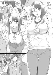 Rule 34 | 1boy, 3girls, ^^^, breasts, clenched hands, collarbone, commentary request, faceless, faceless female, faceless male, glasses, greyscale, hand on own hip, highres, hood, hoodie, id card, inu (aerodog), large breasts, lightning background, long hair, monochrome, multiple girls, oni, original, pants, ruler, short hair, speech bubble, sweatdrop