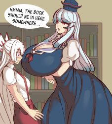 Rule 34 | 2girls, absurdres, arm under breasts, artist name, blue dress, blunt bangs, bookshelf, bow, breast awe, breasts, cleavage, closed mouth, cowboy shot, dress, english text, from side, fujiwara no mokou, gradient hair, hair bow, height difference, highres, huge breasts, indoors, kamishirasawa keine, large breasts, long hair, looking at breasts, multicolored hair, multiple girls, nicecream, open mouth, pants, profile, puffy short sleeves, puffy sleeves, red eyes, red pants, sanpaku, shirt, short sleeves, speech bubble, suspenders, swept bangs, talking, touhou, very long hair, wavy mouth, white bow, white hair, white shirt, wing collar