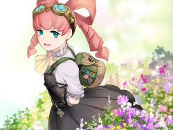 Rule 34 | 1girl, ace attorney, ascot, backpack, bag, black gloves, black skirt, blue eyes, cowboy shot, flower, gloves, goggles, goggles on head, hair rings, iris wilson, long hair, looking at viewer, mikami, open mouth, outdoors, pink hair, shirt, short sleeves, skirt, smile, solo, standing, the great ace attorney, the great ace attorney: adventures, twintails, white shirt, yellow ascot