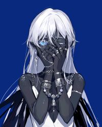 Rule 34 | 1girl, 270 (woshizongg), absurdres, animated, animated gif, bare shoulders, bell, black nails, black skin, blinking, blue background, blue sclera, body freckles, chain, colored eyelashes, colored sclera, colored skin, covering own mouth, dress, drop earrings, ear piercing, earrings, facing viewer, freckles, hands on own face, highres, jewelry, long hair, looking at viewer, looking up, monster girl, multicolored eyes, one eye closed, original, piercing, pointy ears, ring, simple background, solo, sparkle, straight-on, upper body, white dress, white hair, wrist cuffs