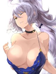 Rule 34 | 1girl, ahoge, alternate costume, bare shoulders, black bow, blue dress, bow, braid, breasts, cafekun, choker, cleavage, collarbone, commentary request, dress, granblue fantasy, hair between eyes, highres, jewelry, large breasts, long hair, necklace, one eye closed, parted lips, silva (gentian blue) (granblue fantasy), silva (granblue fantasy), silver hair, twin braids, wavy hair, yellow eyes
