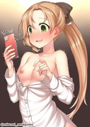 Rule 34 | 1girl, akigumo (kancolle), black ribbon, blush, breasts, brown hair, cellphone, green eyes, hair ribbon, highres, holding, holding phone, inverted nipples, kantai collection, long hair, long sleeves, misumi amagumo, mole, mole under eye, nipples, off shoulder, phone, ponytail, ribbon, shirt, small breasts, smartphone, solo, upper body, white shirt