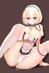Rule 34 | 1girl, absurdres, anchor, anchor choker, apron, arm support, azur lane, bare shoulders, blush, breasts, cameltoe, cleavage, commentary request, dress, frills, hair ornament, hairband, highres, large breasts, maid, panties, parted lips, pinku pansaa, puffy short sleeves, puffy sleeves, red eyes, shiny skin, short dress, short hair, short sleeves, signature, simple background, sirius (azur lane), sitting, solo, thighhighs, thighs, underwear, waist apron, white hair, white panties, white thighhighs