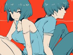 Rule 34 | 10s, 1boy, 1girl, back-to-back, bare shoulders, blue hair, blue pants, blue shirt, blush, bra strap, breasts, brother and sister, cleavage, collarbone, flat color, large breasts, looking back, nishio akira, nishio rina, pants, red background, shirt, short hair, short sleeves, siblings, simple background, sitting, soukyuu no fafner, strap slip, tank top, twins, wavy mouth, yukataro
