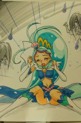 Rule 34 | 3girls, absurdres, ashigaki radar, black hair, blue hair, blue shirt, blue skirt, boots, breasts, colored skin, crop top, cure mermaid, earrings, closed eyes, fire, fire, ghost, ghost girl, gloves, go! princess precure, grey background, hair ornament, hair over eyes, highres, hitodama, jewelry, kaidou minami, long hair, midriff, multicolored hair, multiple girls, navel, necklace, open mouth, panties, pantyshot, pearl necklace, ponytail, precure, purple hair, scared, shell, shell earrings, shirt, short sleeves, showgirl skirt, sitting, skirt, small breasts, tears, two-tone hair, underwear, white footwear, white gloves, white panties, white shirt, white skin