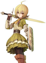 Rule 34 | 1girl, ahoge, ascot, black pantyhose, blonde hair, boots, dragon maker, fingerless gloves, gaou (umaiyo puyoman), gloves, highres, knee boots, over shoulder, pantyhose, pleated skirt, red eyes, shield, short hair, simple background, skirt, solo, sword, sword over shoulder, vambraces, vest, weapon, weapon over shoulder, white background