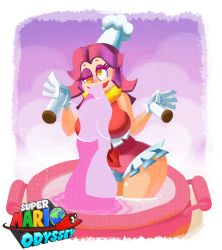 Rule 34 | 1girl, animated, animated gif, bare shoulders, border, bouncing breasts, breasts, chef hat, cookatiel, cooking, curvy, drooling, eyelashes, eyeshadow, gloves, hat, large breasts, leotard, logo, long tongue, makeup, mario (series), minuspal, nintendo, partially submerged, pepper shaker, pink hair, pot, purple background, salt shaker, scarf, solo, steam, super mario bros. 1, super mario odyssey, tongue, white border, wide hips, yellow eyes