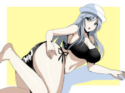 Rule 34 | 10s, 1girl, arm support, ass, barefoot, bikini, black bikini, blue eyes, breasts, cleavage, curvy, dixie cup hat, flint (girls und panzer), girls und panzer, grey hair, hand on own ass, hat, hifumi hajime, large breasts, long hair, looking at viewer, looking back, lying, military hat, navel, on stomach, open mouth, outside border, side-tie bikini bottom, skull, solo, swimsuit, thighs, white hat, yellow background