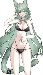 Rule 34 | 1girl, absurdres, animal ear fluff, animal ears, arknights, arm up, bikini, black bikini, breasts, cat ears, cat girl, cat tail, cleavage, cowboy shot, eyes visible through hair, gluteal fold, green eyes, green hair, green tail, groin, hand on own stomach, harmonie (arknights), highres, infection monitor (arknights), large breasts, light blush, long hair, looking at viewer, navel, open mouth, paid reward available, simple background, skindentation, solo, standing, swimsuit, tail, touko (toko12 tooko), very long hair, white background