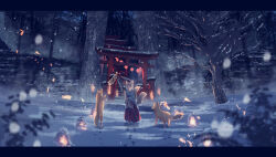 Rule 34 | 1girl, absurdres, animal ears, bare tree, commentary request, forest, fox, fox ears, fox tail, hakama, hakama skirt, highres, japanese clothes, letterboxed, miko, multiple torii, nature, night, original, outdoors, red skirt, scenery, shide, shimekake, skirt, snow, snowing, solo, tail, torii, tree, wide sleeves, winter