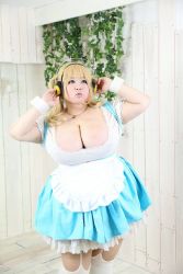 Rule 34 | 1girl, asian, blonde hair, breasts, brown eyes, cleavage, cosplay, fat, headphones, hoshima mika, huge breasts, jewelry, necklace, nitroplus, photo (medium), solo, star (symbol), super pochaco, super pochaco (cosplay), twintails