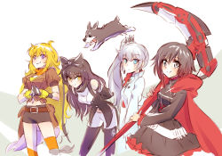 Rule 34 | 4girls, belt, black hair, blake belladonna, blonde hair, blue eyes, bow, brown hair, dog, earrings, gradient hair, grey eyes, hair bow, highres, iesupa, jewelry, jumping, leaning forward, long hair, multicolored hair, multiple girls, navel, own hands together, pantyhose, purple eyes, red hair, ruby rose, rwby, scar, scar on face, scythe, short hair, shorts, side ponytail, silver hair, skirt, smile, tongue, tongue out, weapon, weiss schnee, welsh corgi, yang xiao long, yellow eyes, zwei (rwby)