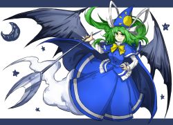 Rule 34 | 1girl, bad id, bad pixiv id, blue shirt, blue skirt, bow, breasts, cape, capelet, crescent moon, demon wings, ghost tail, green eyes, green hair, grin, hand on own hip, hat, hat ribbon, highres, kankan33333, layered clothes, letterboxed, long hair, long sleeves, looking at viewer, matching hair/eyes, mima (touhou), moon, polearm, ribbon, shirt, simple background, skirt, smile, solo, star (symbol), touhou, touhou (pc-98), weapon, white background, white shirt, wings