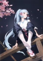 Rule 34 | 1girl, absurdres, alternate costume, ayaka (genshin impact), blue eyes, blue hair, cherry blossoms, commentary request, feet, flower, foot focus, foreshortening, genshin impact, hair ornament, highres, japanese clothes, katana, kimono, le (huanglongen), long hair, looking away, no shoes, pantyhose, petals, pink flower, ponytail, sandals, sitting, soles, solo, sword, toes, very long hair, weapon, white pantyhose