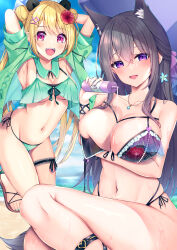 Rule 34 | 2girls, absurdres, animal ear fluff, animal ears, aonu koru, arm under breasts, arms up, beach, bikini, black bikini, black hair, blonde hair, breasts, cleavage, collarbone, commentary request, day, double bun, flower, frilled bikini, frills, green bikini, green jacket, hair between eyes, hair bun, hair flower, hair ornament, hair ribbon, hairclip, highres, jacket, jewelry, long hair, looking at viewer, medium breasts, multiple girls, nail polish, necklace, ocean, open mouth, original, outdoors, pouring, pouring onto self, ribbon, sidelocks, sky, small breasts, smile, swimsuit, thigh strap, toenail polish, toenails