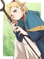 Rule 34 | 1girl, blonde hair, blue capelet, blue robe, bright pupils, capelet, closed mouth, commentary request, dungeon meshi, elf, feet out of frame, green background, green eyes, holding, holding staff, long hair, long sleeves, looking at viewer, marcille donato, outdoors, pointy ears, robe, sitting, smile, solo, staff, tsukune (budodesu)