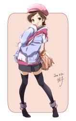 Rule 34 | 1girl, ankle boots, bag, black footwear, black skirt, blue jacket, blush, boots, brown hair, casual, closed mouth, commentary, dated, double v, drawstring, full body, fur-trimmed jacket, fur-trimmed sleeves, fur trim, hair ornament, hairclip, hibike! euphonium, highres, hood, hood down, hoodie, jacket, katou hazuki, long sleeves, miniskirt, nii manabu, off shoulder, open clothes, open jacket, pink background, pink headwear, purple hoodie, revision, short hair, signature, skirt, smile, solo, standing, thighhighs, two-tone background, v, yellow eyes, zettai ryouiki