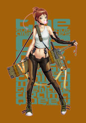 Rule 34 | 1girl, bare shoulders, brown eyes, brown hair, bubble, blowing bubbles, chester ocampo, chewing gum, detached sleeves, electric plug, fishnets, green eyes, gun, huge weapon, leather, leather pants, machete, midriff, multicolored eyes, original, pants, ponytail, shoes, short hair, short ponytail, sneakers, solo, star (symbol), suspenders, tank top, unzipped, weapon