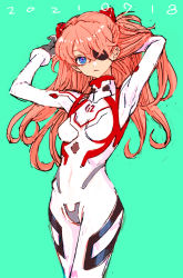 Rule 34 | 1girl, blue eyes, bodysuit, boyaking, breasts, brown hair, dated, evangelion: 3.0+1.0 thrice upon a time, eyepatch, green background, hair ornament, hand in own hair, highres, lips, long hair, looking at viewer, neon genesis evangelion, pilot suit, plugsuit, rebuild of evangelion, shiny clothes, skin tight, smile, solo, souryuu asuka langley, two side up, very long hair, white bodysuit, wide hips
