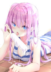 Rule 34 | 1girl, bare arms, bare shoulders, blue eyes, breasts, collarbone, commentary request, dripping, food, hair between eyes, hand up, highres, holding, holding food, ice cream, kouda suzu, long hair, lying, on stomach, one side up, original, parted lips, pink hair, small breasts, solo, striped, striped tank top, tank top, tongue, tongue out, very long hair, white background