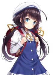 Rule 34 | 10s, 1girl, ahoge, backpack, bad id, bad twitter id, bag, black hair, blue eyes, blush, closed mouth, collared shirt, hat, highres, hinatsuru ai, long hair, looking at viewer, randoseru, ribbon, ryuuou no oshigoto!, shirt, simple background, smile, solo, superpig, twintails, white background, white hat, yellow ribbon