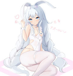 Rule 34 | 1girl, absurdres, animal ear fluff, animal ears, ass, azur lane, bare arms, bare shoulders, between breasts, blue eyes, blunt bangs, braid, breasts, cameltoe, chinese commentary, choker, closed mouth, covered navel, expressionless, feet out of frame, grey hair, hand up, heart, highres, le malin (azur lane), le malin (listless lapin) (azur lane), leotard, long bangs, long hair, looking at viewer, manjuu (azur lane), playboy bunny, rabbit ears, shadow, simple background, sitting, sleeveless, small breasts, solo, split mouth, symbol-shaped pupils, thigh strap, thighs, twin braids, very long hair, white background, white choker, white legwear, white leotard, wrist cuffs, yokozuwari, zim-o (2cy520)