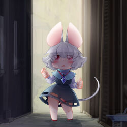 Rule 34 | 1girl, animal ears, bbb (33kudo), blue capelet, blush, capelet, commentary request, crystal, egg vibrator, eyes visible through hair, flat chest, full body, grey hair, grey skirt, grey vest, hair between eyes, highres, jewelry, long sleeves, looking at viewer, medium bangs, mouse ears, mouse girl, mouse tail, nazrin, no panties, object insertion, open mouth, pendant, red eyes, sex toy, shirt, short hair, skirt, smile, solo, standing, tail, touhou, vaginal, vaginal object insertion, vest, vibrator, vibrator in thigh strap, white shirt